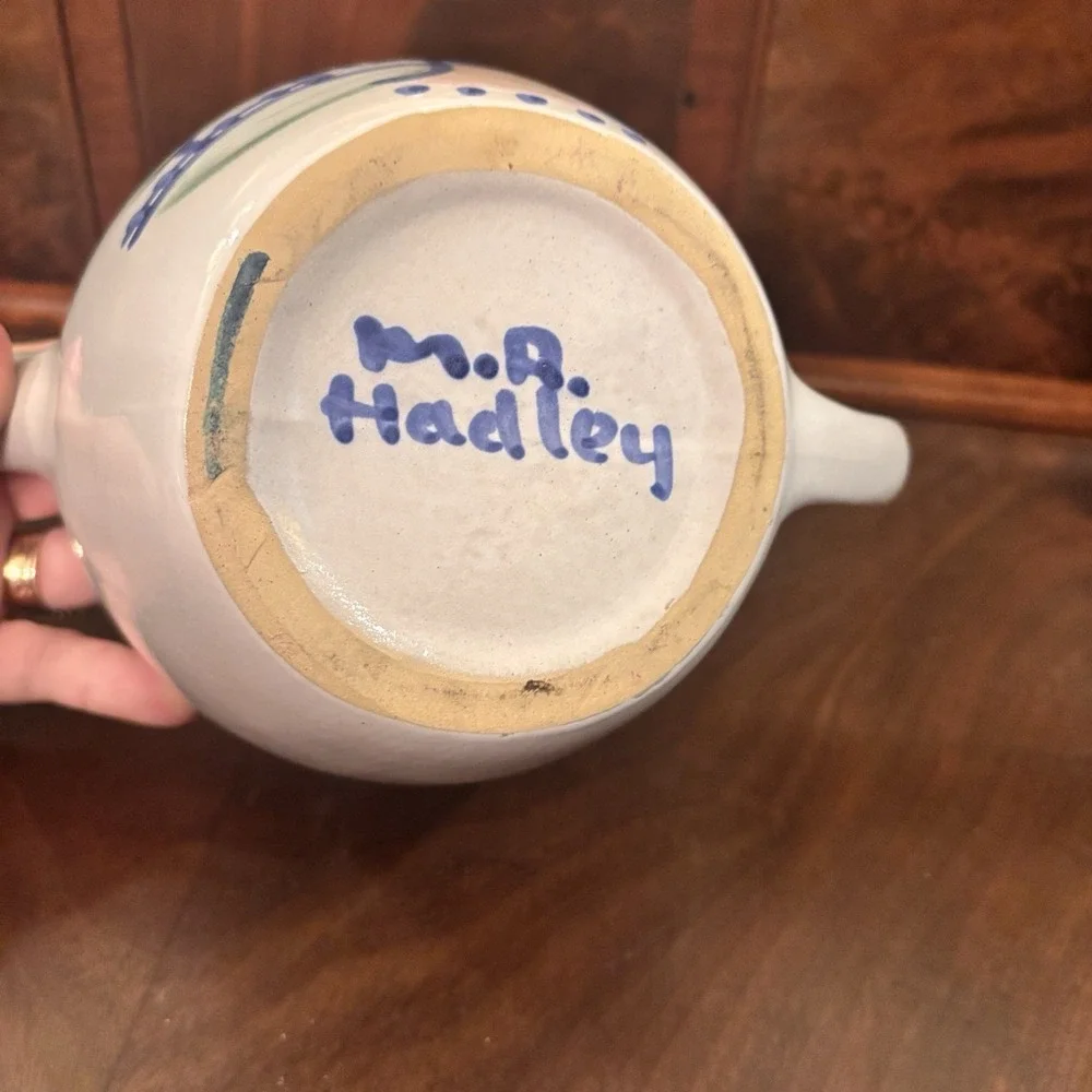 Vintage M.A. Hadley Country Scene Blue House Teapot Hand Painted Pottery